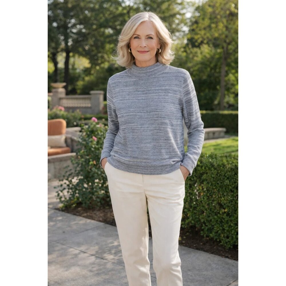 Garnet Hill Mock Turtle neck Sweater Navy Blue/White Women's size Small